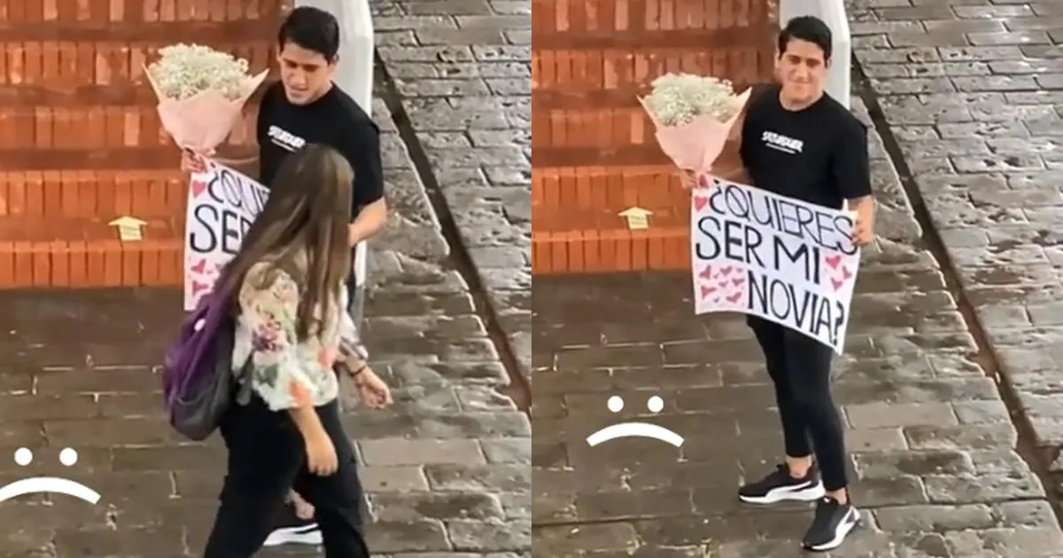 Joven declara su amor con romántico cartel y flores pero es rechazado