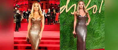La cantante Rita Ora apostó por un vestido de corte sirena en oro viejo de Versace. La cantante Rita Ora apostó por un vestido de corte sirena en oro viejo de Versace.