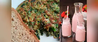 Este desayuno nutritivo es fácil y sencillo de preparar Prepara un delicioso pan con tortilla de verduras y batido de fresa
