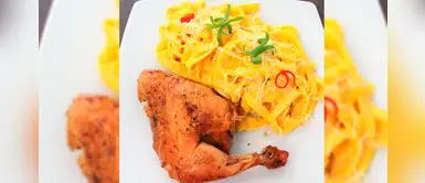 Receta de pollo a la brasa con fetuccini a la huancaína Disfruta de un exquisito pollo a la brasa con fetuccini a la huancaína