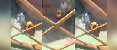 Abuelo pasea a su nieto perruno en un carrito para niños y escena divierte a usuarios Abuelo pasea a su nieto perruno en un carrito para niños y escena divierte a usuarios