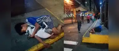 Niño sin hogar duerme abrazado a su perro frente a la indiferencia de la gente Niño sin hogar duerme abrazado a su perro frente a la indiferencia de la gente