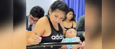 Joven madre realiza exámen de admisión con bebé en brazos Joven madre realiza exámen de admisión con bebé en brazos