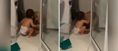 Golden retriever en consolado por un bebé porque estaba asustado por la tormenta Golden retriever en consolado por un bebé porque estaba asustado por la tormenta