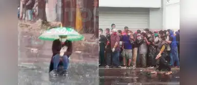 Mujer soporta fuerte lluvia para no romper el distanciamiento social por COVID-19 Mujer soporta fuerte lluvia para no romper el distanciamiento social por COVID-19