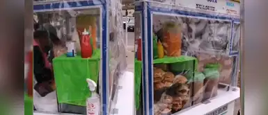 Vende desayunos en la calle y emplea ingenioso método para protegerse de COVID-19 | VÍDEO Vende desayunos en la calle y emplea ingenioso método para protegerse de COVID-19 | VÍDEO