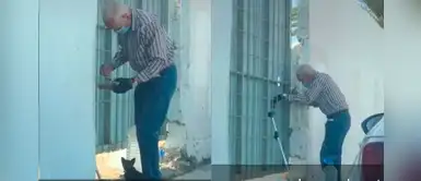 Anciano alimenta a un gato sin hogar que habita en una casa abandonada Anciano alimenta a un gato sin hogar que habita en una casa abandonada