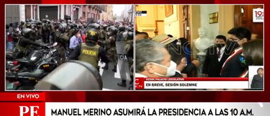 Manifestantes se dirigen al Congreso a pocos minutos de juramentación de Manuel Merino como presidente Manifestantes se dirigen al Congreso a pocos minutos de juramentación de Manuel Merino como presidente