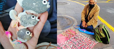 Anciano vende pescaditos hechos de piedra en el Centro de Lima Anciano vende pescaditos hechos de piedra en el Centro de Lima