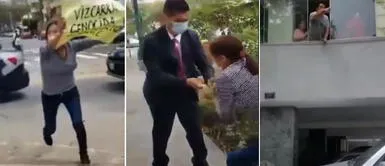 Personal de seguridad de Vizcarra arrebata violentamente pancarta a mujer que protestaba Personal de seguridad de Vizcarra arrebata violentamente pancarta a mujer que protestaba
