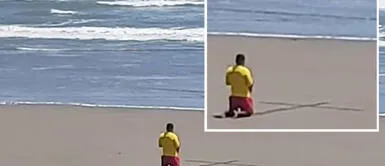 Imagen del salvavidas se volvió viral y usuarios pidieron sumarse a petición del hombre Lambayeque: salvavidas dibuja cruz en la arena y se arrodilla para orar por el fin de la pandemia
