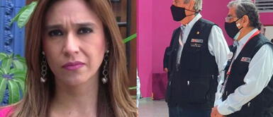 Verónica Linares le enseña al presidente cómo ponerse la mascarilla. Verónica Linares corrige al presidente Francisco Sagasti y le enseña a ponerse la mascarilla