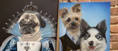 Mujer pinta retratos de mascotas ambientadas en el siglo XVII Mujer pinta retratos de mascotas ambientadas en el siglo XVII