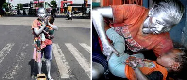 Anciana trabaja como estatua todos los días para alimentar a su nieto de dos años Malasia: Anciana trabaja como estatua todos los días para alimentar a su nieto de dos años