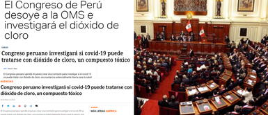 Por mayoría de votos, una comisión del Congreso decidió investigar las propiedades del dióxido de cloro. Prensa mundial califica de "ridículo y vergonzoso" que Congreso de Perú investigue dióxido de cloro