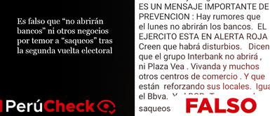 Es falso que “no abrirán bancos” ni otros negocios por temor a “saqueos” tras la segunda vuelta, como dice viral. Foto: plantilla para PerúCheck Es falso que “no abrirán bancos y otros negocios” por temor a “saqueos” tras segunda vuelta