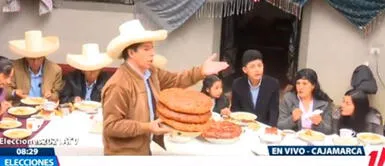 Pedro Castillo reveló que se quedará en Chota por la salud de sus padres. Pedro Castillo comparte panes con periodistas durante el tradicional desayuno electoral