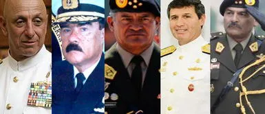 De izq. a der. Excomandante general. General EP (r) Víctor Ripalda, exjefes CCFFAA: Almirante (r) Frank Boyle, General EP Leonel Cabrera, Almirante (r) José Aste Daffós; y excomandante general. General EP (r) Ricardo Moncada. Ex altos mandos militares en retiro incitan a la rebelión de instituciones de las Fuerzas Armadas