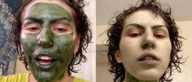 Tik Tok y mascarilla de clorofila Joven usa mascarilla de clorofila y acaba con el rostro verde antes de entrevista de trabajo