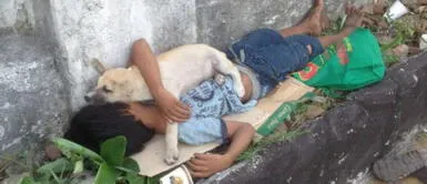Captan a niño ambulante durmiendo en la calle junto a un perro sin hogar que adoptó Captan a niño ambulante durmiendo en la calle junto a un perro sin hogar que adoptó