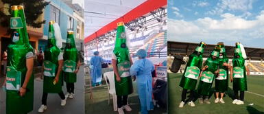 Este grupo de muchachos armaron sus propios disfraces para asistir al vacunatorio. Jóvenes acuden a inocularse contra la COVID-19 disfrazados de botellas de cerveza