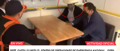 Pedro Castillo se sujetó con fuerza ante la potencia del movimiento (Foto: Captura TV Perú) Pedro Castillo se subió a vehículo simulador de sismos y experimentó terremoto de 9.1