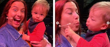 Natalia Salas e hijo El hijo de Natalia Salas atento al flash con impecable atuendo navideño