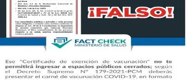 Minsa: certificado de exención es falso y no permite ingresar a espacios cerrados Minsa: Es falso el certificado de exención y no permite ingresar a espacios cerrados