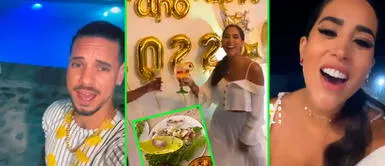 Melissa Paredes y Anthony Aranda recibieron el Año Nuevo más juntitos que nunca. Melissa Paredes es engreída por su bailarín Anthony Aranda con un plato afrodisiaco