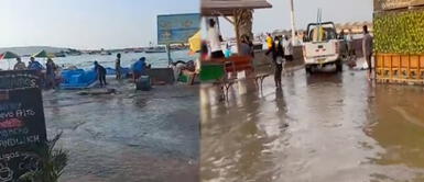 Calles inundadas en los alrededores de playa El Chaco. Paracas: muelle, locales y viviendas se vieron afectados por la salida del mar