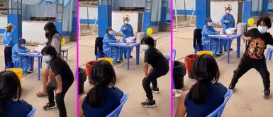 Niño baila para que su prima de vacune Niño sorprende a su prima bailando, mientras ella recibe su vacuna contra la COVID-19