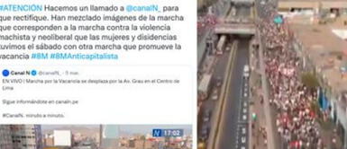 Colectivo feminista Manuela Ramos pide a Canal N rectificarse por mezclar imágenes de la marcha del 8M con las de la vacancia presidencial. Canal N mezcló imágenes de la marcha del 8M con las de la vacancia y colectivo pide que se rectifiquen