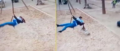 Perrito se emocionó al ver a su dueña jugando con su hijo. Perro mira a sus papás humanos columpiarse y hace inesperada travesura con el cabello de su dueña