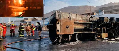 Personal bombero evacuará gasolina que contiene cisterna, antes de retirarla con una grúa. Foto: Deysi Portuguez/ URPI-LR Villa El Salvador: auto choca contra cisterna de combustible y ambos provocan una gran explosión