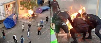 Vándalos destrozaron calle en San Borja. San Borja: Barristas vandalizan una posta médica y queman una moto