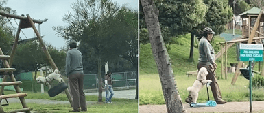Perrito adora pasear con su scooter. Anciano lleva a su mascota a los juegos y se divierten juntos | VIDEO