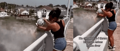 La mujer no dudó en grabar la venganza contra su expareja. Viral: mujer se enteró que su pareja le es infiel y en venganza tiró al río las cenizas de su suegra