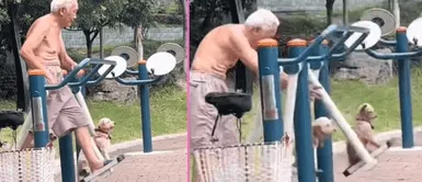 Adulto mayor enterneció al jugar con sus canes. Anciano sale a pasear con sus perros y aprovecha para ejercitarse: "Lo más hermoso que he visto"