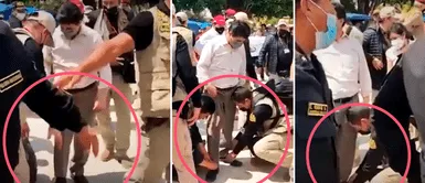 Pedro Castillo se detuvo para pedirle a su seguridad que le amarre los zapatos Pedro Castillo se detuvo para pedirle a su seguridad que le amarre los zapatos