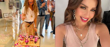 Thalía celebra su cumpleaños con vestido de plumas Thalía traspasa la barrera de los 50 y lo celebra con un apoteósico vestido disco de plumas