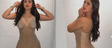 Maria Fe Saldaña con look monocromático María Fe Saldaña abraza la moda vintage en ceñido y pícaro conjunto monocromático nude