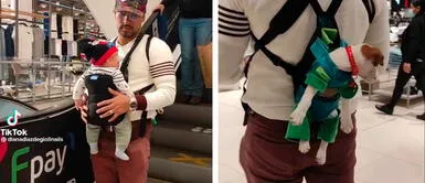 Papá usa canguros para llevar a su bebé y a su perrito por centro comercial TikTok Viral: papá usa canguros para llevar a su bebé y a su perrito por centro comercial
