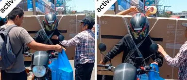 Motociclista se deja pegar cinta adhesiva para transportar televisor Motociclista se deja pegar cinta adhesiva para transportar televisor: "Cumpliendo pedidos" | VIDEO