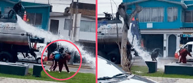 Escolares se divierten jugando carnavales con aguas residuales de camión municipal "Solo de vive una vez": Escolares se divierten jugando carnavales con aguas residuales de camión municipal