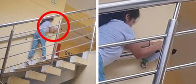 Captan a jaladora usando baranda de escalera para agrandar zapatillas: “Así aumentan las tallas” Captan a jaladora usando baranda de escalera para agrandar zapatillas: “Así aumentan las tallas”