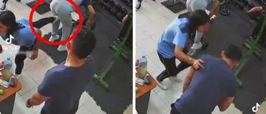Joven hace estiramientos en gimnasio, golpea entrepierna de hombre y se va corriendo Joven hace estiramientos en gimnasio, golpea entrepierna de hombre y se va corriendo