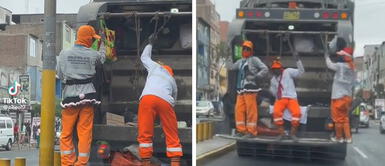Trabajadores de limpieza se divierten en Navidad y posan para fotos de peatones Trabajadores de limpieza se divierten en Navidad y posan para fotos de peatones