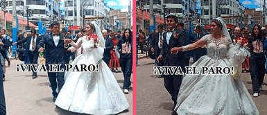 Recien casados deciden celebrar su unión apoyando el paro nacional contra el gobierno de Dina Boluarte en Juliaca Recien casados deciden celebrar su unión apoyando el paro nacional contra el gobierno de Dina Boluarte en Juliaca