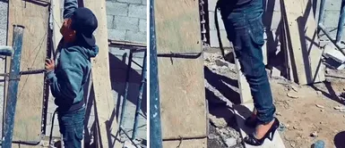 A falta de escalera, albañil en construcción utilizó un par de tacos A falta de escalera, albañil en construcción utilizó un par de tacos: "inteligente el hombre”
