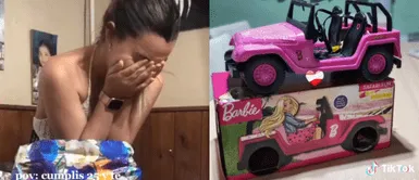 La joven se emocionó al ver su regalo de cumpleaños. Joven se emociona hasta las lágrimas tras recibir el carro de la Barbie que siempre quiso
